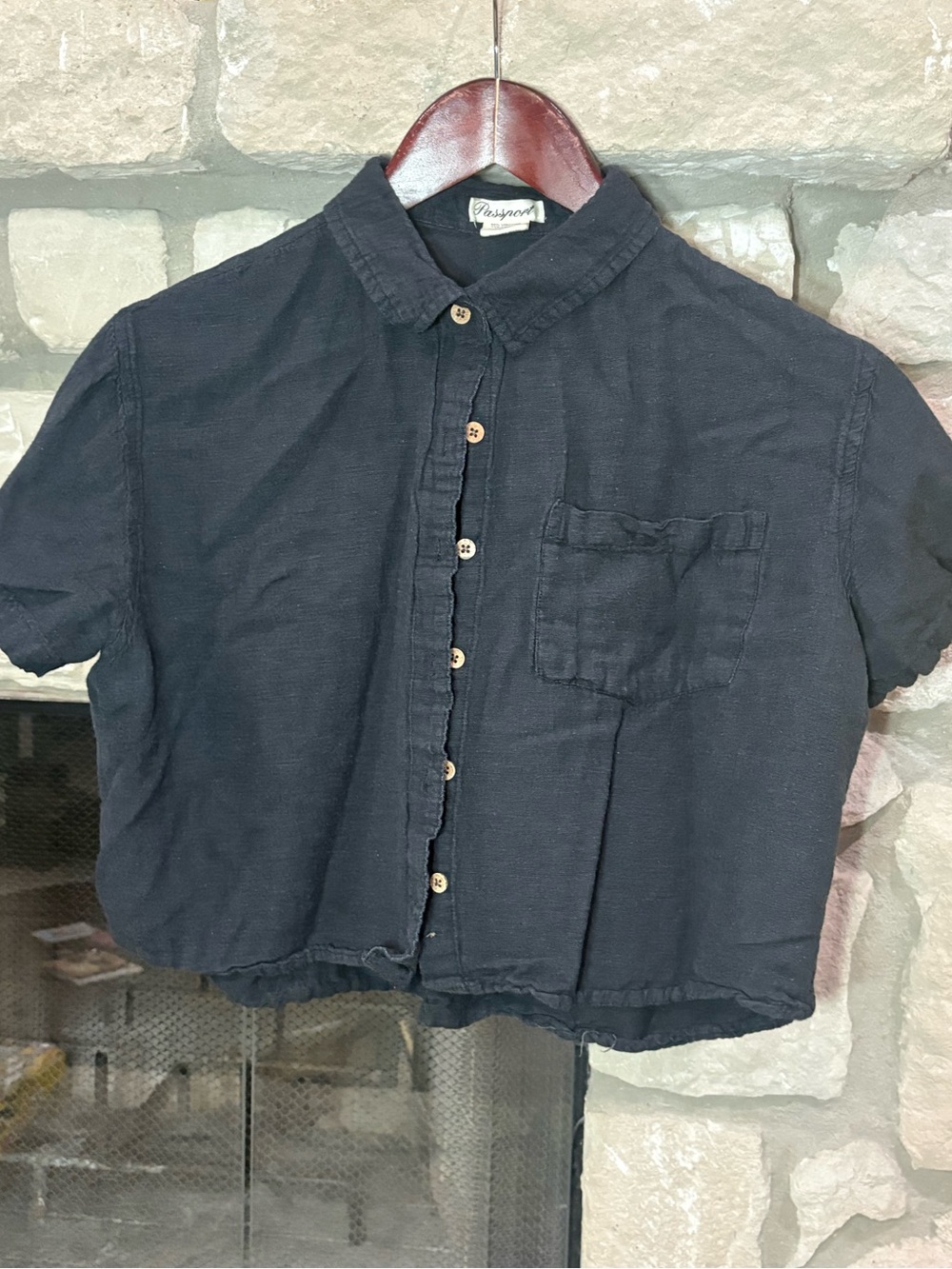 Passport Black Short Sleeve Button-Front Crop Shirt
